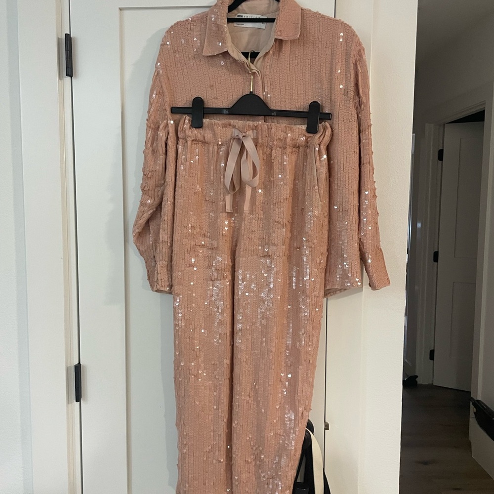 ASOS Sequin Embellished Long Sleeve Top and Pant Set in Pale Pink